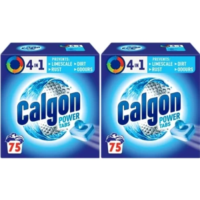 Image of Calgon 4 in 1 Water Softener Tablets, Washing Machine Cleaner, Removes Odours, Limescale &amp; Residue, Deep Clean, XL Pack, 2 x Pack of 75 (Packaging may vary)