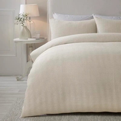 Image of Serene Natural Waffle Duvet Cover Single Bedding Size (140 x 200cm) Soft Touch Luxury Grid Pattern Textured in Cream Square Puckered Lindly Collection