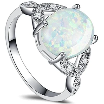 Image of Stainless Steel Oval Shaped Created Fire Opal Wedding Engagement Promise Anniversary Ring (Silver White, R)