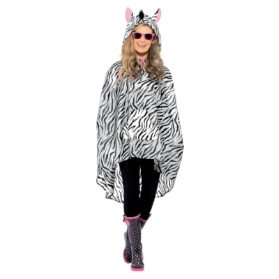 Image of Smiffys Zebra Party Poncho, Black &amp; White with Drawstring Bag, Poncho Fancy Dress, Animal Dress Up Costumes