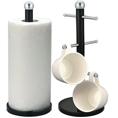 Image of Royal Cuisine Kitchen Roll Paper Towel Stand Pole Holder and 6 Cup Mug Tree Set with Weighted Anti Slip Base Stainless Steel (Black)