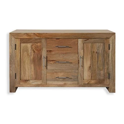 Image of Oak and Pine Online Solid Indian Mango Wood Sideboard Cupboard 2 Door 3 Drawer in Cube Petit Living Dining Room Furniture