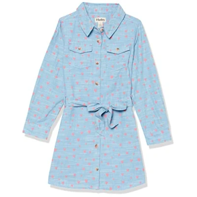 Image of Hatley Girl&#039;s Button Down Dress Casual, Chambray Hearts, 8 Years