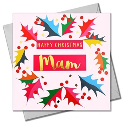 Image of Christmas Card, Mam Bright Holly, text foiled in shiny gold