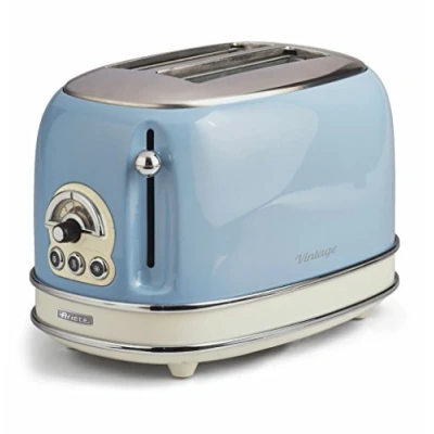 Image of Ariete 0155/15 Retro Style 2 Slice Toaster, 6 Browning Levels and Removable Crumb Tray, 3 Functions Including Cancel, Defrost Reheat, Non Slip Feet, Vintage Design, Blue