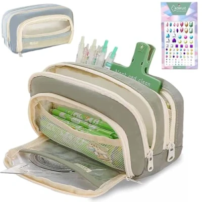 Image of Big Capacity Pencil Case, 3 Compartments Simple Storage Aesthetic Large Pouch Handheld Pen Bag Cosmetic Portable Gift (Green)
