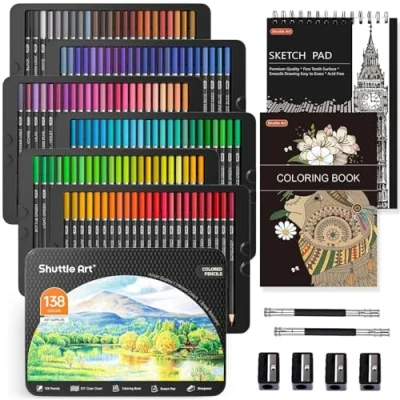 Image of Shuttle Art 138 Colours Professional Colouring Pencils, Soft Core Coloured Pencils Set with 1 Book,1 Sketch Pad, 4 Sharpener, 2 Pencil Extender for Artists Kids Adults Colouring, Drawing