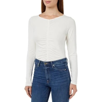 Image of Kaffe Women&#039;s T Shirt Long Sleeves Ruchings V Neck Slim Fit Jersey Top, Chalk, M