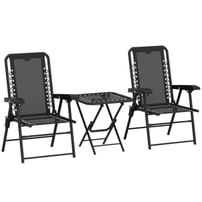 Image of Outsunny 3 Pieces Garden Bistro Set, Folding Table and Chairs Metal Furniture Set with Cup Holders for Outdoor, Patio, Balcony, Black