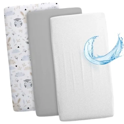 Image of Fitted Sheets for Baby Stroller Set of 3: 90 x 55 cm 2x + 1x Waterproof Mattress Protector Bed Accessories Crib, Side Bed, Bassinet Owls grey