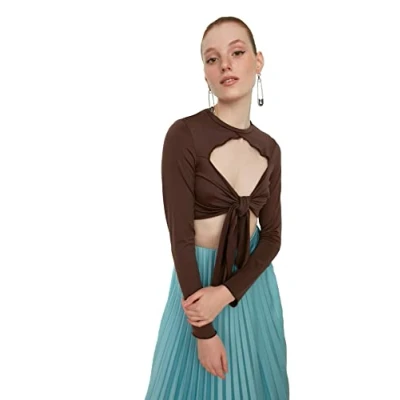 Image of Trendyol Women Slim fit Asymmetric Crew Neck Knit Blouse Brown