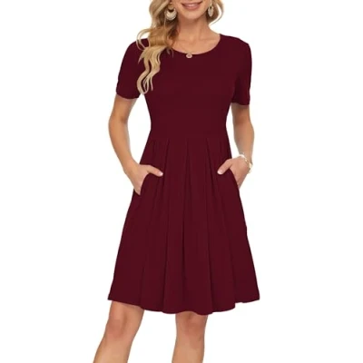 Image of AUSELILY Women&#039;s Short Sleeve Pleated Loose Swing Casual Dress with Pockets Knee Length Wine Red M