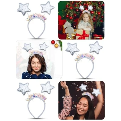Image of HOVUK 3Pcs Sparkly Star Christmas Headbands for Adults, Novelty Hair Accessories, Plastic and Metal Xmas Head Boppers Dress Up, Headwear 11cm