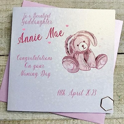 Image of White Cotton Cards GODDAUGHTER PERSONALISED NAMING DAY CARD, PINK BUNNY DESIGN, HAND FINISHED (X) P23 42 GODD