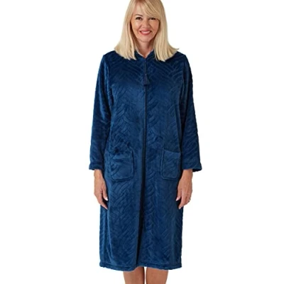 Image of Marlon Womens Serena Zip Front Embossed Fleece Housecoat, Ocean Blue, 8 10