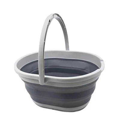 Image of SAMMART 11L Collapsible Basket with Handle Portable Outdoor Picnic Basket/Crater Foldable Shopping Bag Space Saving Storage Container (Grey/Dark Grey, 1)