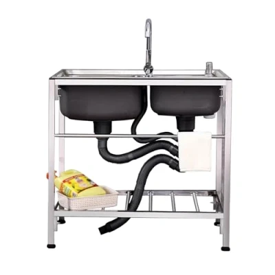 Image of 2 Compartment Commercial Sink, Stainless Steel Double Bowl Kitchen Sink with Shelf &amp; Faucet, Freestanding Utility Hand Washing Basin for Restaurant, Garage, Cafe, Outoor