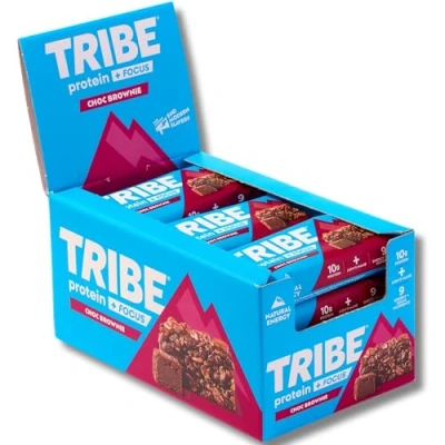 Image of TRIBE Protein + Focus Bar Choc Brownie 10g Protein, 9 Energy &amp; Nutrients, Lions Mane, Plant Based, Vegan Snack Gluten Free (60g x 12 Bars)