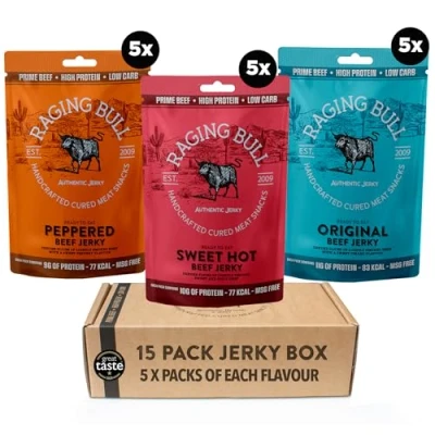 Image of Raging Bull Beef Jerky 420g 15 x 28g Variety Box Mixed Flavours Grass Fed High Protein Snacks MSG Free Carnivore Keto Natural Meat Stips Low Calorie
