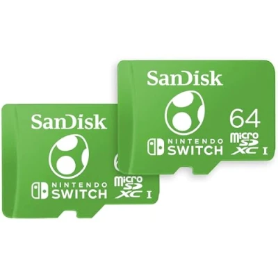 Image of SanDisk 64GB microSDXC card for Nintendo Switch consoles, Yoshi edition, up to 100 MB/s, gaming storage, Licensed Product, UHS I, Class 10, U3, Twin Pack