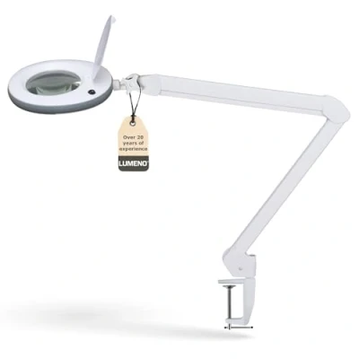 Image of Lumeno 7213GR LED magnifying lamp, 127 mm glass lens, 910 lumen, 3 diopters, workstation cosmetic for beauty salon, hobbyist, as reading aid, with table clamp