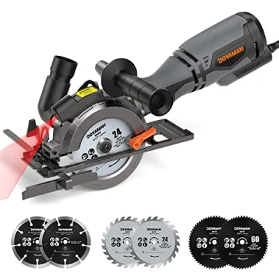 Image of DOVAMAN Circular Saw, 710W Mini Saw with Laser, 3500rpm, Metal Auxiliary Handle, Cutting Depth 43mm (90), 29mm (45), 6 Blades Ideal for Wood, Soft Metal, Plastic, Tile MCS01A