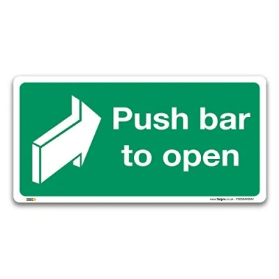 Image of Pack of 2 Push bar to open Fire exit Sign, Self adhesive Vinyl Sticker 100x50mm, British Standard Safety Door Signs