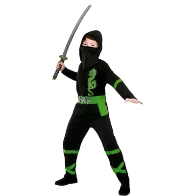 Image of Wicked Costumes Kids Power Ninja Black/Green Fancy Dress Costume Medium (5 7 Years)