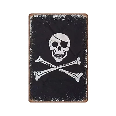 Image of Dreacoss Jolly Roger Skull And Crossbones Tin Signs Retro Funny Metal Sign Vintage Poster Wall Art for Kitchen Garden Bathroom Farm Home Coffee Decor Sign, 8x12 inches