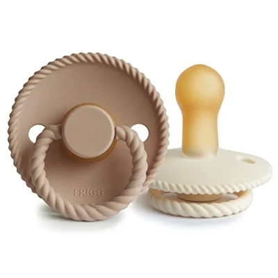 Image of FRIGG Rope Latex Pacifier Pack of 2 Natural Rubber Soother Dummy BPA Free Made in Denmark Symmetrical Cherry Shaped Nipple (Cream/Croissant, Size (6 18 Months))