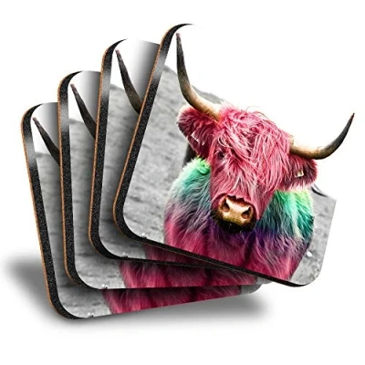 Image of Destination Vinyl ltd Great Coasters (Set of 4) Square Pop Art Highland Cow Pink Rainbow Drink Glossy Coasters/Tabletop Protection for Any Table Type #21684