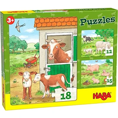 Image of HABA 305884 puzzles Farmyard Animals 3 farm themed 45 pieces for ages and Up