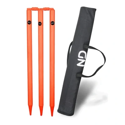 Image of ND Sports Cricket Wickets with Bails &amp; Metal Base Durable Weather Resistant Stumps Set for Training Matches (Orange, 3x Bails)