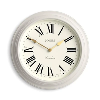 Image of Jones Clocks® Supper Club wall clock Large classic round 40cm Very pale grey Roman numerals Traditional design ideal for kitchen or living room