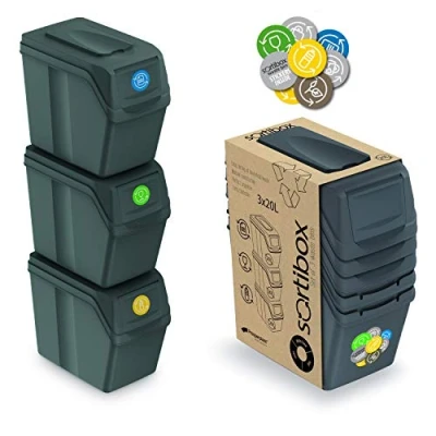 Image of Prosperplast Set of 3 Recycling Bins Total Capacity 60 litres, Stackable, compartments in Grey, 3x20 Litros