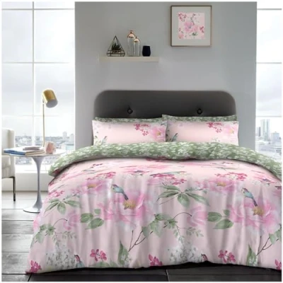 Image of 4 Pcs Kingsize Bed Birds Floral Complete Bedding Sets, Including (Fitted Sheet, Duvet Cover &amp; 2 Pillowcases), Reversible Botanical Quilt Set, Pink