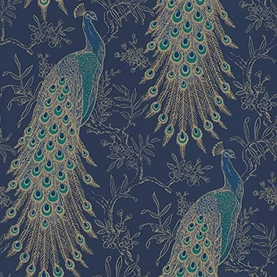 Image of Rasch Portfolio Peacock Wallpaper Navy Blue Gold Metallic Exotic Bird Feathers Lusury Feature Wall 10m Roll 215700