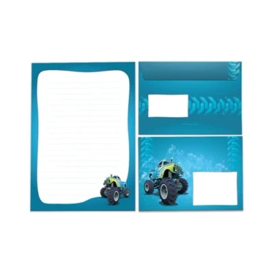 Image of Writing Paper Set Letter Pad with Envelope for Boys Kids Monster Truck Car Motif Lined (A5 25 Sheets + 15 Envelopes)