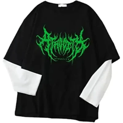 Image of Emo Shirt Harajuku Fashion Y2k Streetwear Goth Alt Scene Long Sleeve Top Grunge Techwear Alternative Clothing Aesthetic (Green,M)