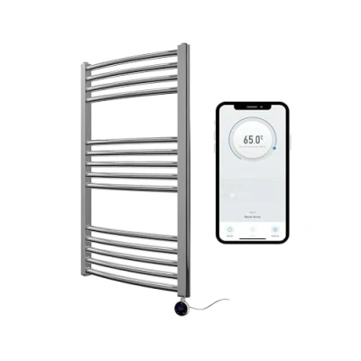 Image of Greened House Chrome Electric Smart WiFi Controlled Heated Towel Rail Curved 500mm W x 800mm H 7 Day Programmable Timer App Compatibility