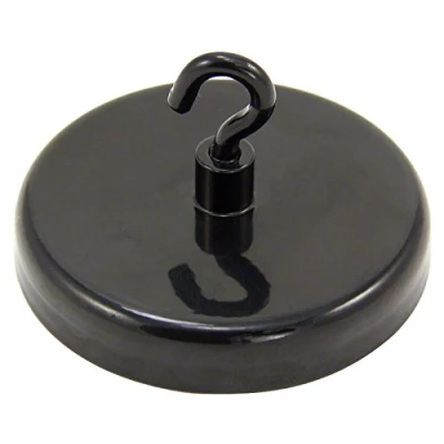 Image of FIRST4MAGNETS Ferrite Black Painted Clamping Magnet with M4 Hook for Hanging, Holding or Displaying Items 57mm Dia 25kg Pull Pack of 20