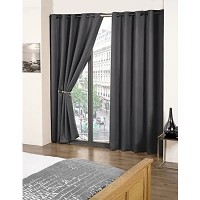 Image of Emma Barclay Cali Eyelet Woven Thermal Blackout Curtains in Charcoal Width 66 x Drop 54&quot; (168 137cm)