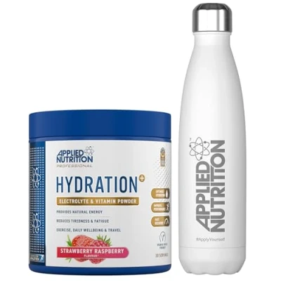 Image of Applied Nutrition Hydration Electrolyte &amp; Vitamin Powder + White Steel Flask 500ml Natural Energy Reduces Tiredness Optimise (240g 30 Servings)(Strawberry Raspberry)