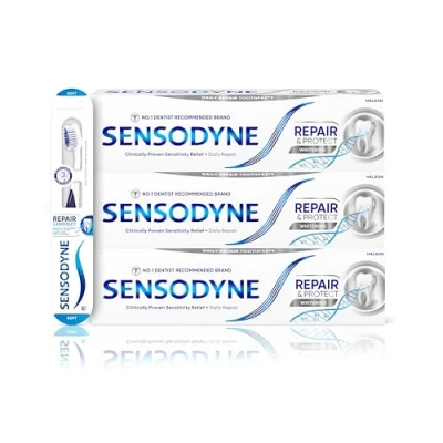 Image of Sensodyne Toothpaste Repair and Protect, Teeth Whitening WhiteningToothpaste Multipack withSensodyne Toothbrush, 3 x75ml
