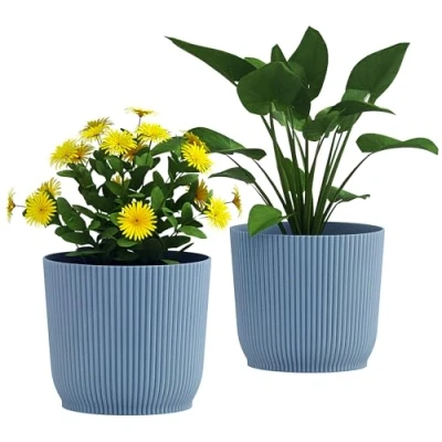 Image of Outsunny Set of 2 Plastic Round Plant Pots Outdoor 22cm, Garden Planters, Flower for Decoration, Patios, Indoor, Outdoor, Home, Blue