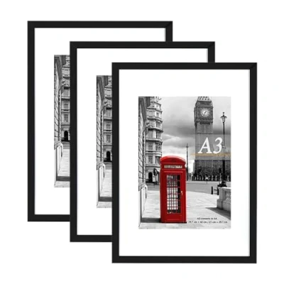 Image of Scholar Tree Black Photo Frame Picture Frames, A3 with Mat for A4 Mount Picture, Set of 3, Wall Mountable