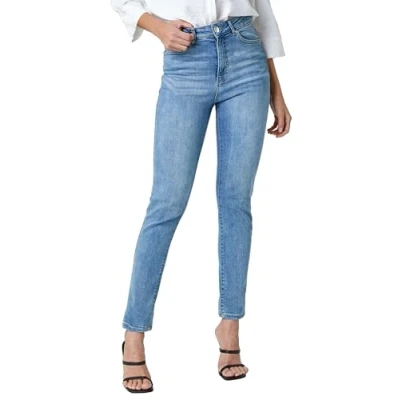 Image of Roman Originals Mom Jeans for Women UK Ladies Slim Leg Denim Trousers Stretch Cotton Smart Casual Pull On Straight Skinny Fit Regular Cut &amp; Curve Plus Sizes 29&#039; Blue Size 20