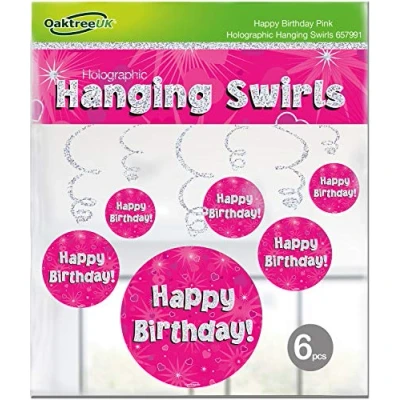 Image of OakTree Happy Birthday Pink Holographic Hanging Swirls 6pcs