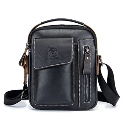 Image of Men&#039;s Small Shoulder Bag, Genuine Leather Retro lightweight Cross Body Everyday Satchel Bag for Business Casual Sport Hiking Travel, Black, 2T, Vintage