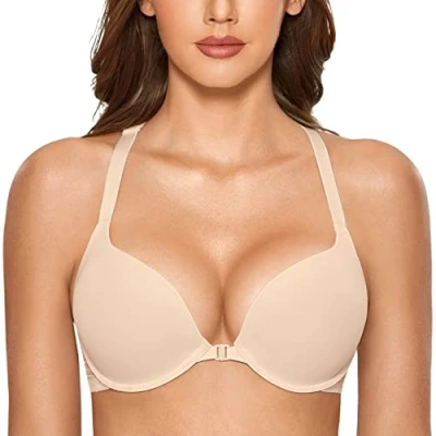 Image of DOBREVA Women&#039;s Push Up Bra Front Fastening Bras T Shirt Racer Back Padded Underwired Plunge Beige 38B